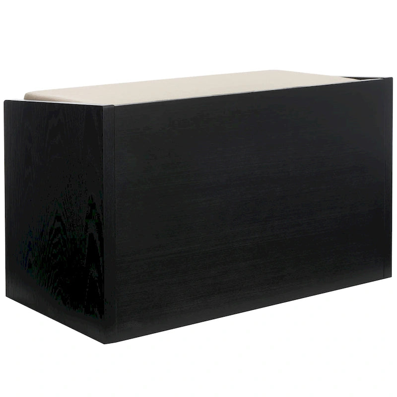Banc de rangement avec cadre en noyer / bois laqué blanc / bois noir, siège en lin et PU, 2 places