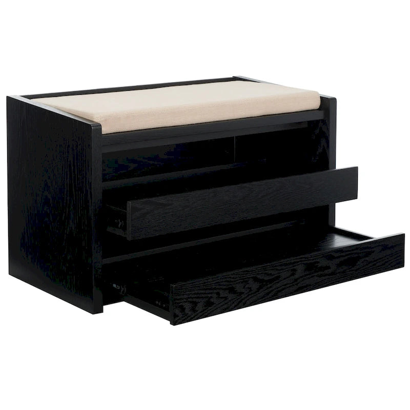 Banc de rangement avec cadre en noyer / bois laqué blanc / bois noir, siège en lin et PU, 2 places
