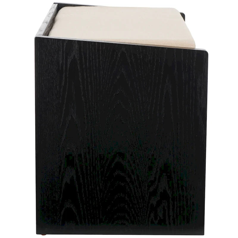 Banc de rangement avec cadre en noyer / bois laqué blanc / bois noir, siège en lin et PU, 2 places
