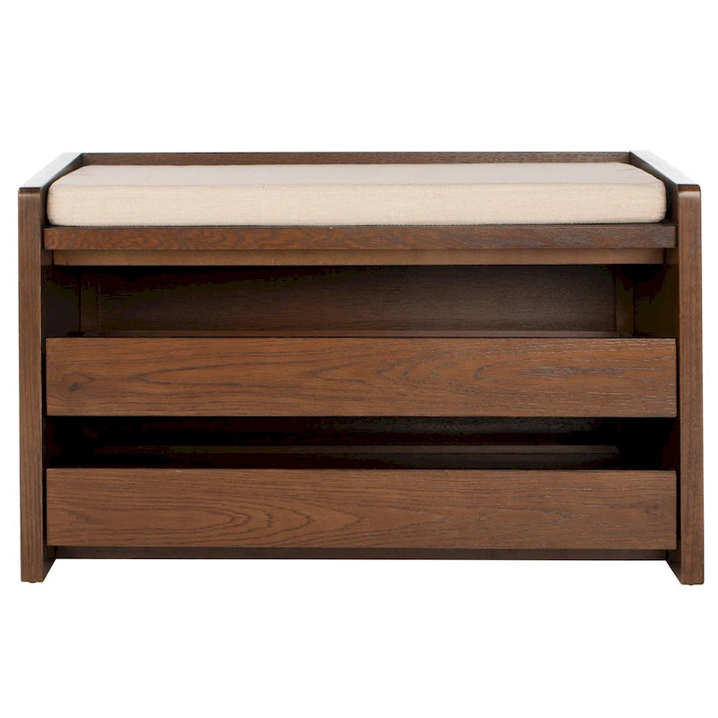 Banc de rangement avec cadre en noyer / bois laqué blanc / bois noir, siège en lin et PU, 2 places