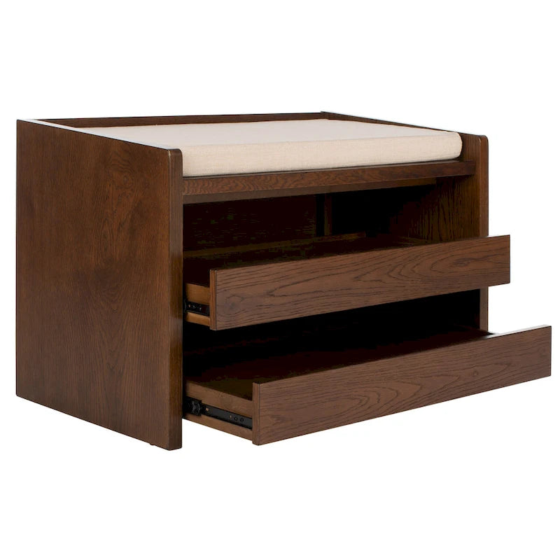 Banc de rangement avec cadre en noyer / bois laqué blanc / bois noir, siège en lin et PU, 2 places