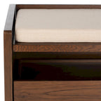 Banc de rangement avec cadre en noyer / bois laqué blanc / bois noir, siège en lin et PU, 2 places