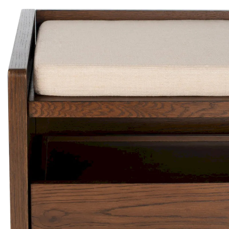 Banc de rangement avec cadre en noyer / bois laqué blanc / bois noir, siège en lin et PU, 2 places