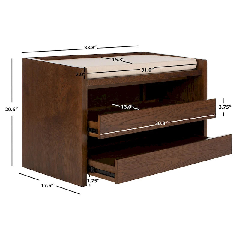 Banc de rangement avec cadre en noyer / bois laqué blanc / bois noir, siège en lin et PU, 2 places