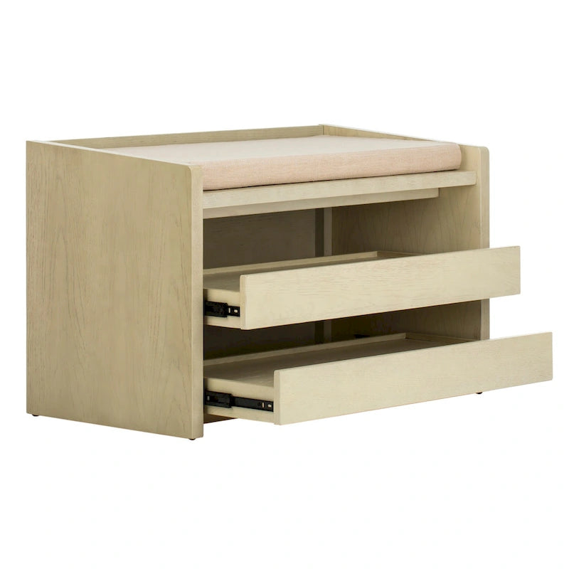 Banc de rangement avec cadre en noyer / bois laqué blanc / bois noir, siège en lin et PU, 2 places
