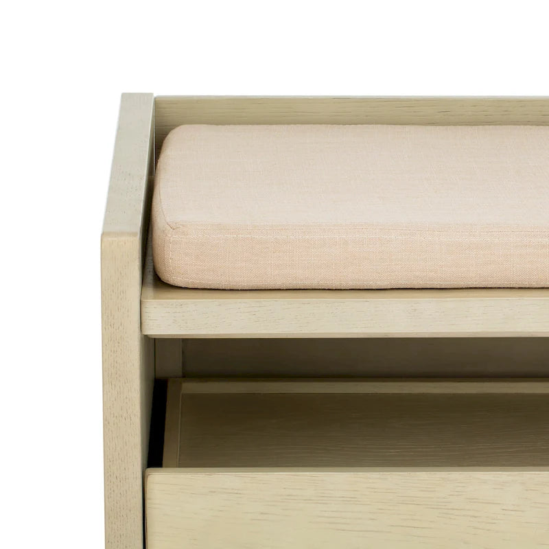 Banc de rangement avec cadre en noyer / bois laqué blanc / bois noir, siège en lin et PU, 2 places