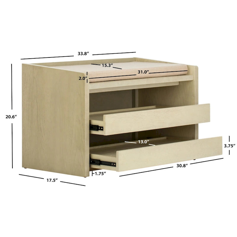 Banc de rangement avec cadre en noyer / bois laqué blanc / bois noir, siège en lin et PU, 2 places