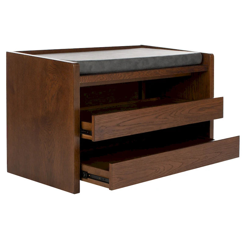 Banc de rangement avec cadre en noyer / bois laqué blanc / bois noir, siège en lin et PU, 2 places