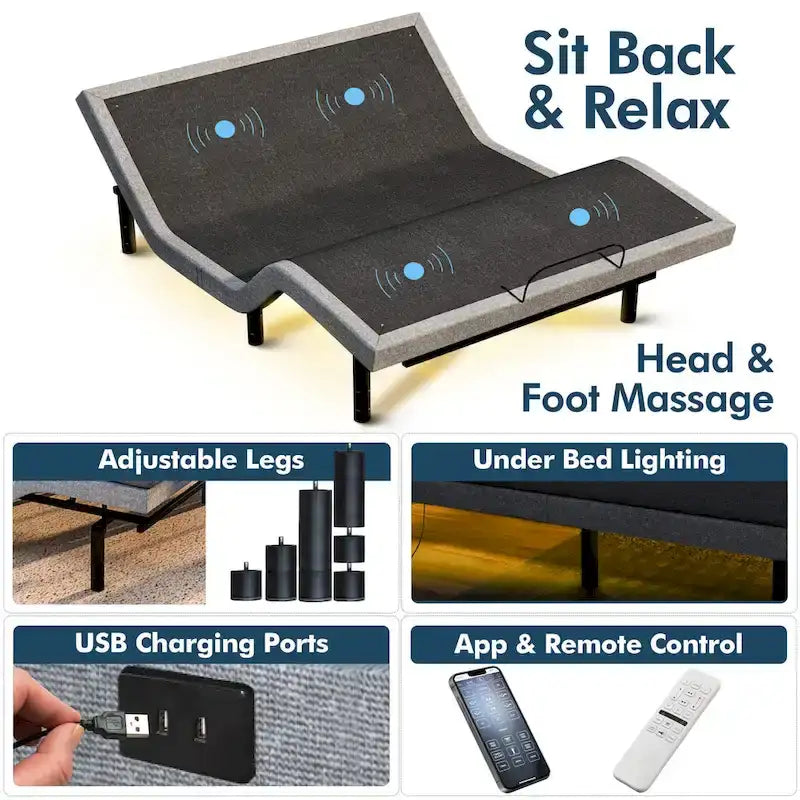 Sommier Réglable Gris avec Matelas en Mousse à Mémoire de Forme 35 cm à Gel Rafraîchissant, Double Massage, USB, Gravité Zéro, pour 1-2 Personnes