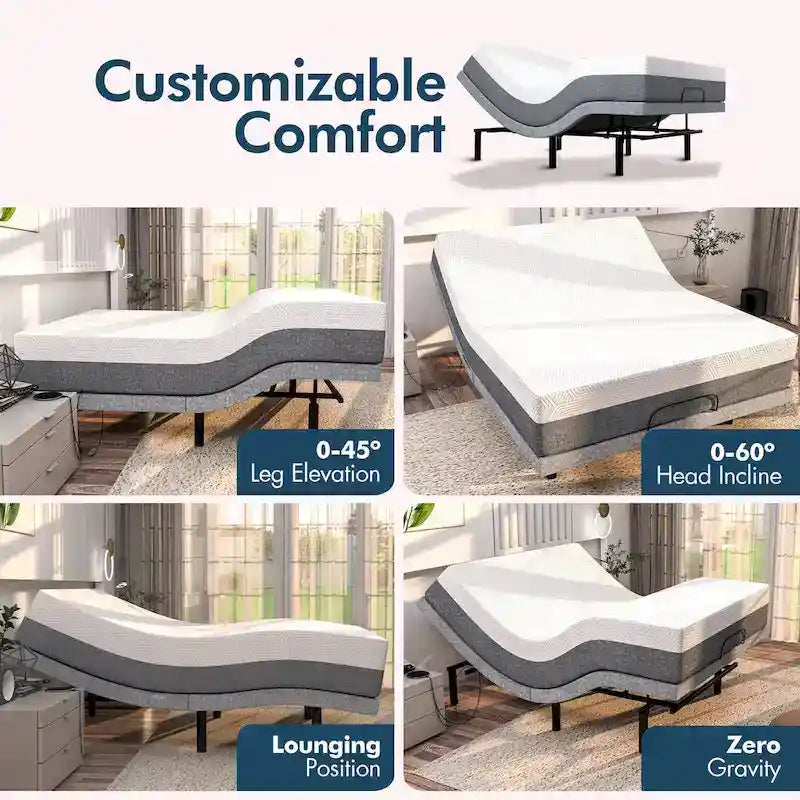 Sommier Réglable Gris avec Matelas en Mousse à Mémoire de Forme 35 cm à Gel Rafraîchissant, Double Massage, USB, Gravité Zéro, pour 1-2 Personnes