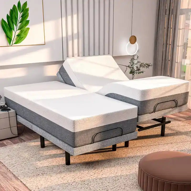 Sommier Réglable Gris avec Matelas en Mousse à Mémoire de Forme 35 cm à Gel Rafraîchissant, Double Massage, USB, Gravité Zéro, pour 1-2 Personnes