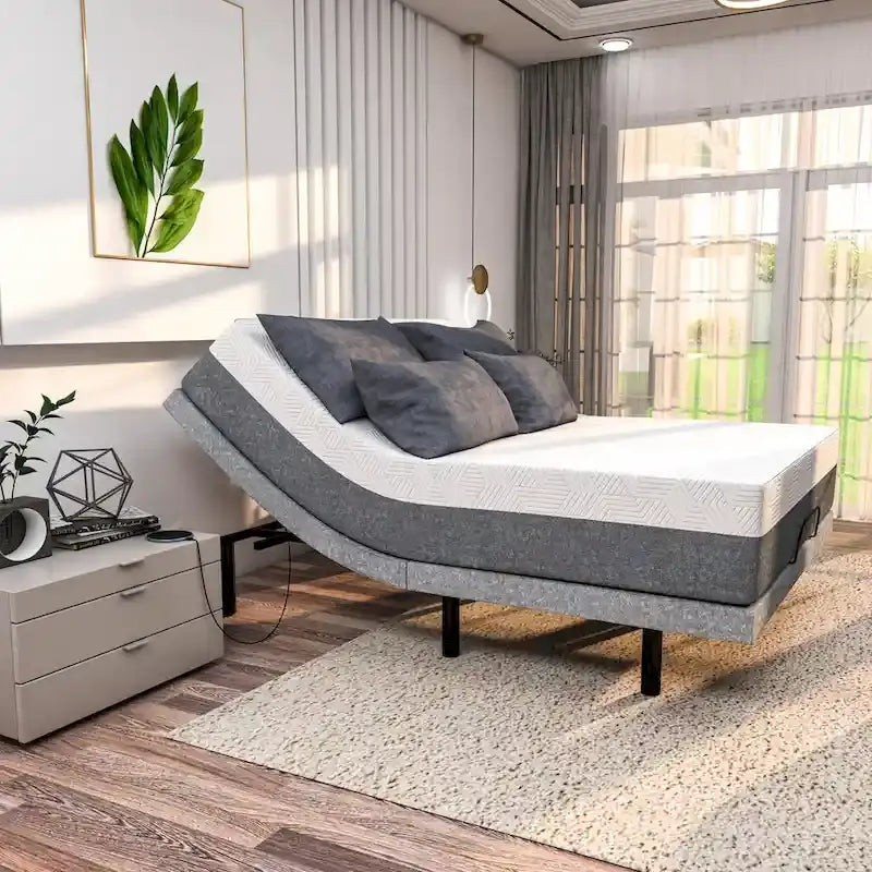 Sommier Réglable Gris avec Matelas en Mousse à Mémoire de Forme 35 cm à Gel Rafraîchissant, Double Massage, USB, Gravité Zéro, pour 1-2 Personnes