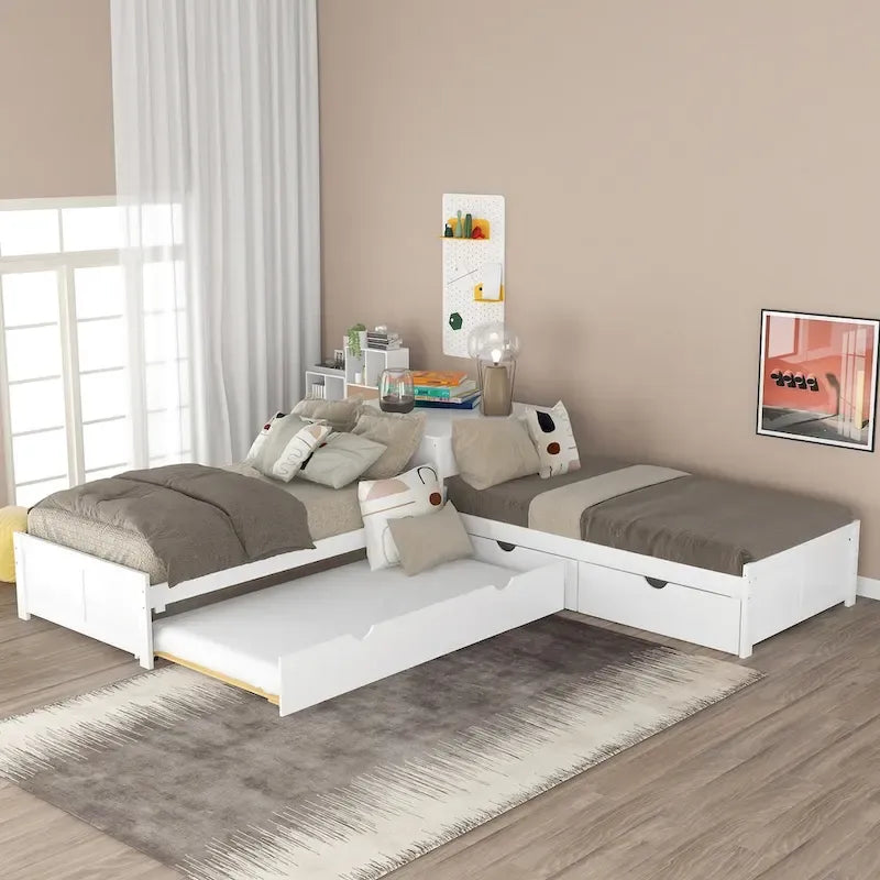 Lit superposé en L gris/blanc/espresso avec lit gigogne et tiroirs, 3 couchages, jumeaux