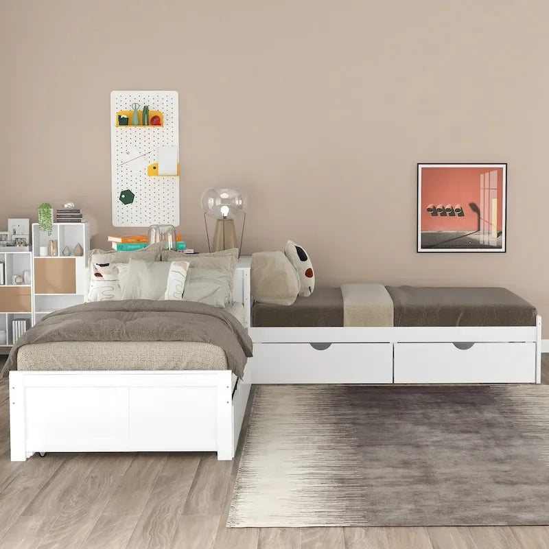 Lit superposé en L gris/blanc/espresso avec lit gigogne et tiroirs, 3 couchages, jumeaux