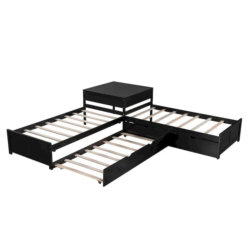 Lit superposé en L avec lit gigogne et tiroirs, 3 couchages, simple, gris/blanc/expresso