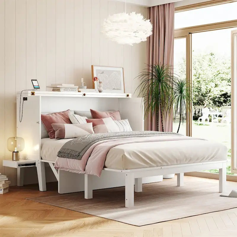 Lit rabattable mural double / grand lit gris / blanc avec port USB – 1 personne