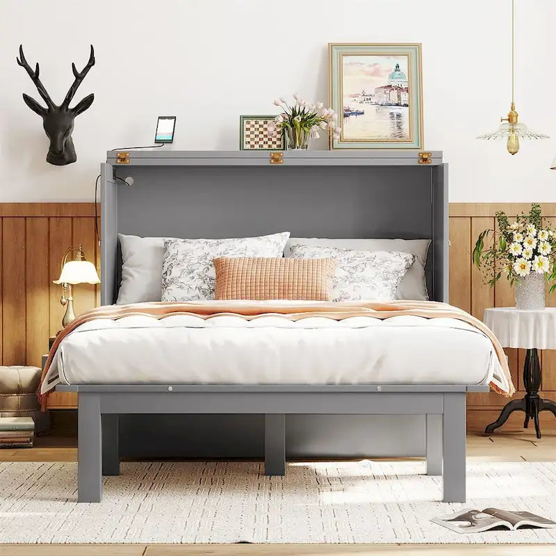 Lit rabattable mural double / grand lit gris / blanc avec port USB – 1 personne