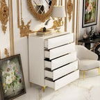 Commode haute asymétrique blanche avec pieds dorés