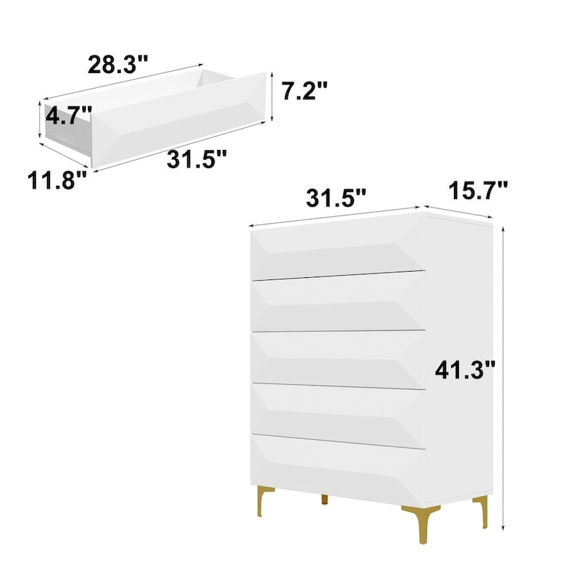 Commode haute asymétrique blanche avec pieds dorés