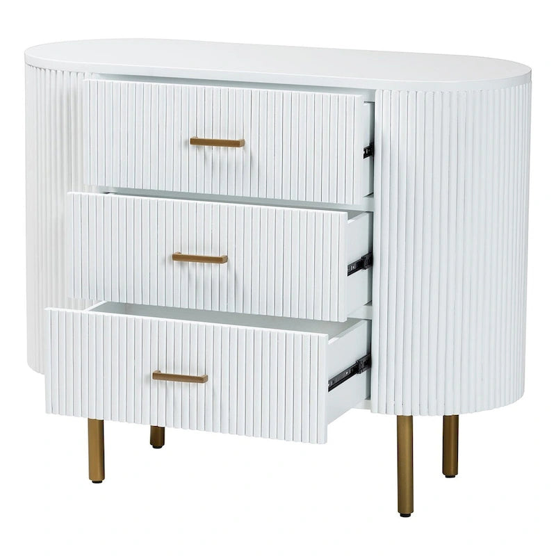Beyla Mid-Century White Fluted Wood and Gold Metal 3-Drawer Dresser