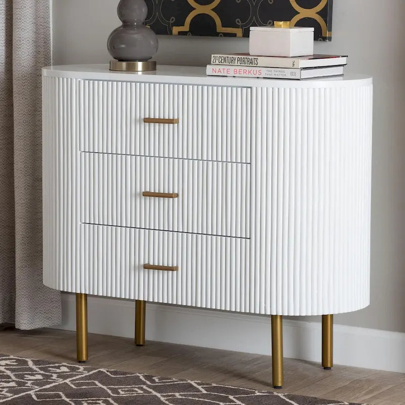 Commode 3 tiroirs Mid-Century Blanc & Or, 1 personne