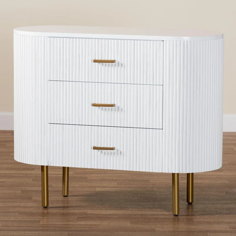 Commode 3 tiroirs Mid-Century Blanc & Or, 1 personne