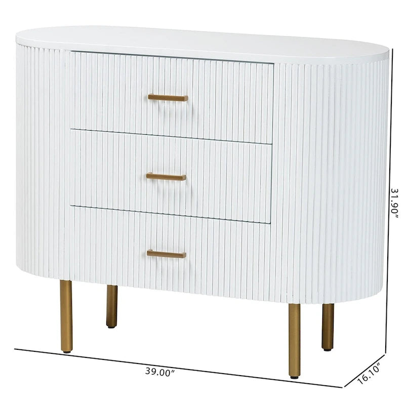 Commode 3 tiroirs Mid-Century Blanc & Or, 1 personne