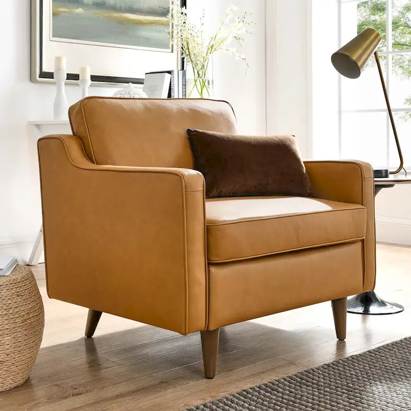 Fauteuil une place en cuir véritable marron clair/marron