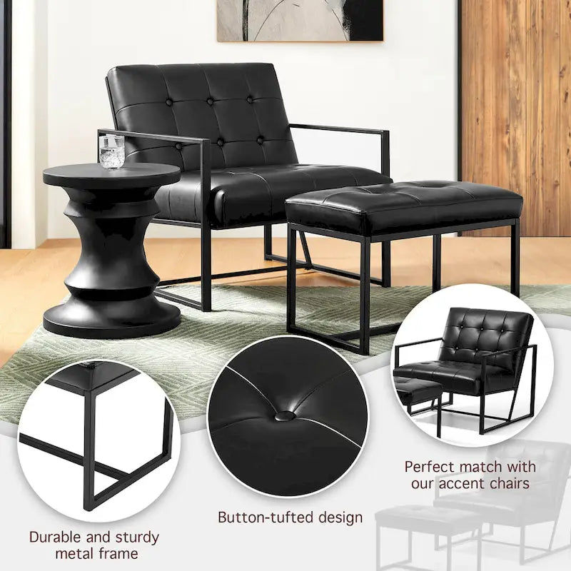 Pouf ottoman capitonné, simili cuir, une place – Noir / Marron / Vert chasseur / Bleu marine / Fauve