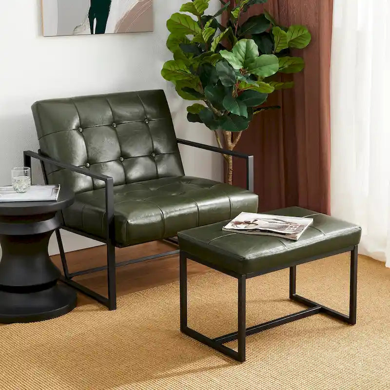 Pouf ottoman capitonné, simili cuir, une place – Noir / Marron / Vert chasseur / Bleu marine / Fauve