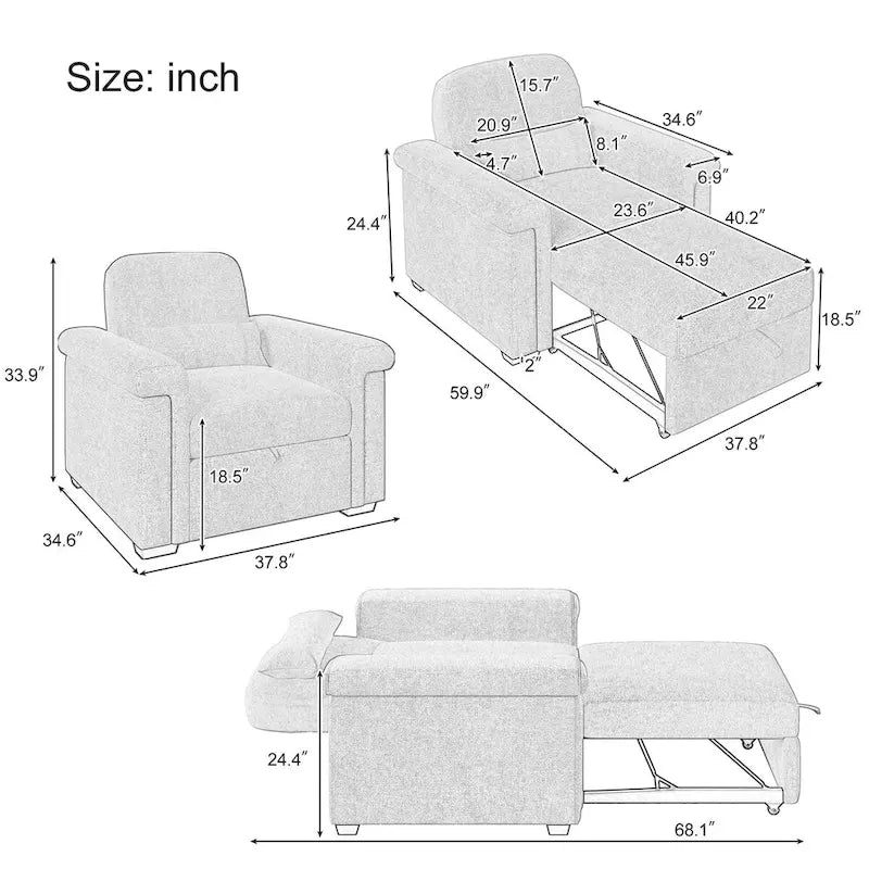 Chaise-lit convertible 3-en-1 gris/beige/bleu foncé, simple