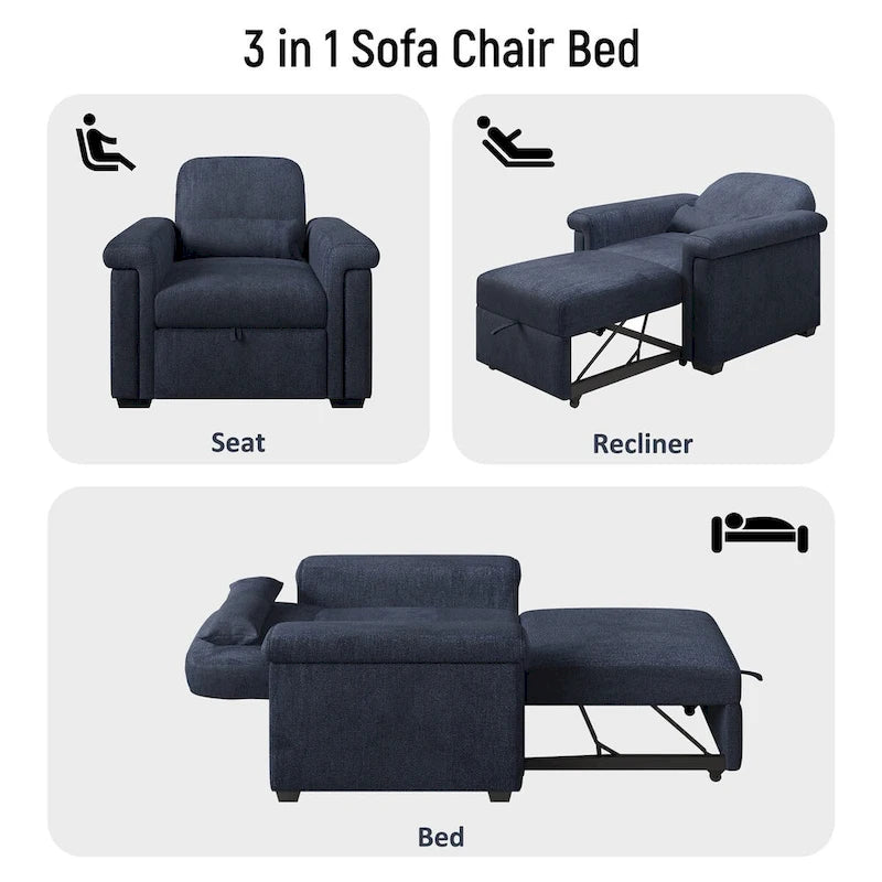 Fauteuil-lit convertible 3-en-1 gris / beige / bleu foncé, simple