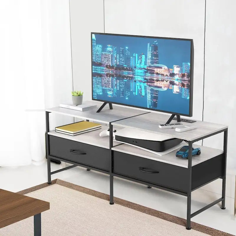 Meuble TV gris / noir / marron avec étagères ouvertes et tiroirs en tissu, convient aux téléviseurs jusqu'à 50", assemblage par 1 personne