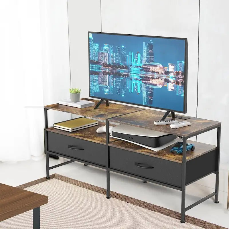 Meuble TV gris / noir / marron avec étagères ouvertes et tiroirs en tissu, convient aux téléviseurs jusqu'à 50", assemblage par 1 personne