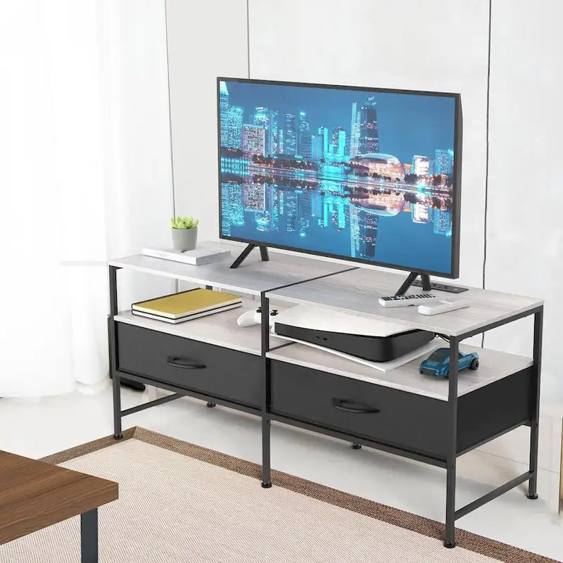 Meuble TV gris / noir / marron avec étagères ouvertes et tiroirs en tissu, convient aux téléviseurs jusqu'à 50", assemblage par 1 personne