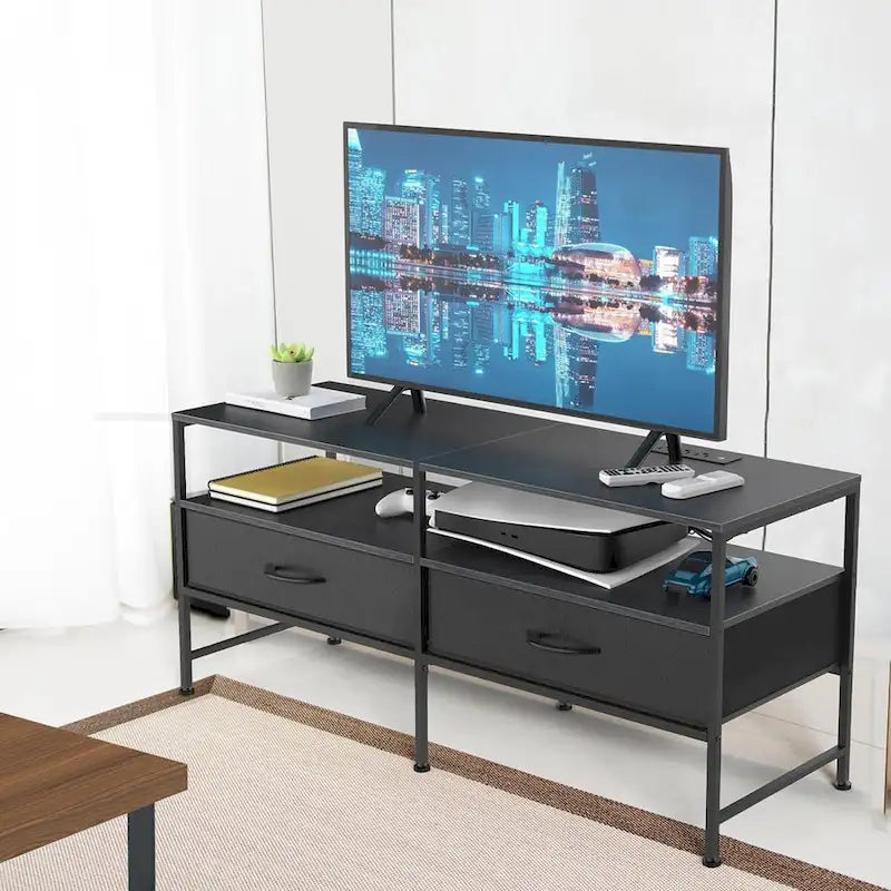 Meuble TV gris / noir / marron avec étagères ouvertes et tiroirs en tissu, convient aux téléviseurs jusqu'à 50", assemblage par 1 personne