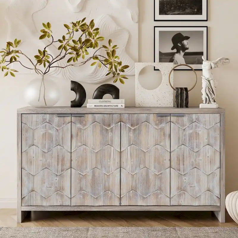 Buffet 4 portes blanc antique / noir avec étagères réglables, montage par 1 personne
