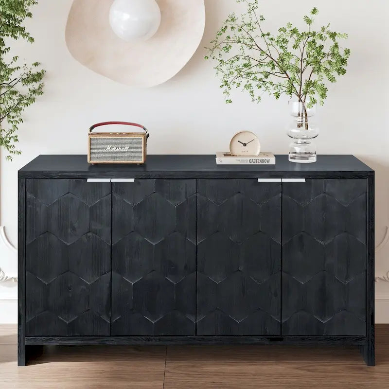 Buffet 4 portes blanc antique / noir avec étagères réglables, montage par 1 personne