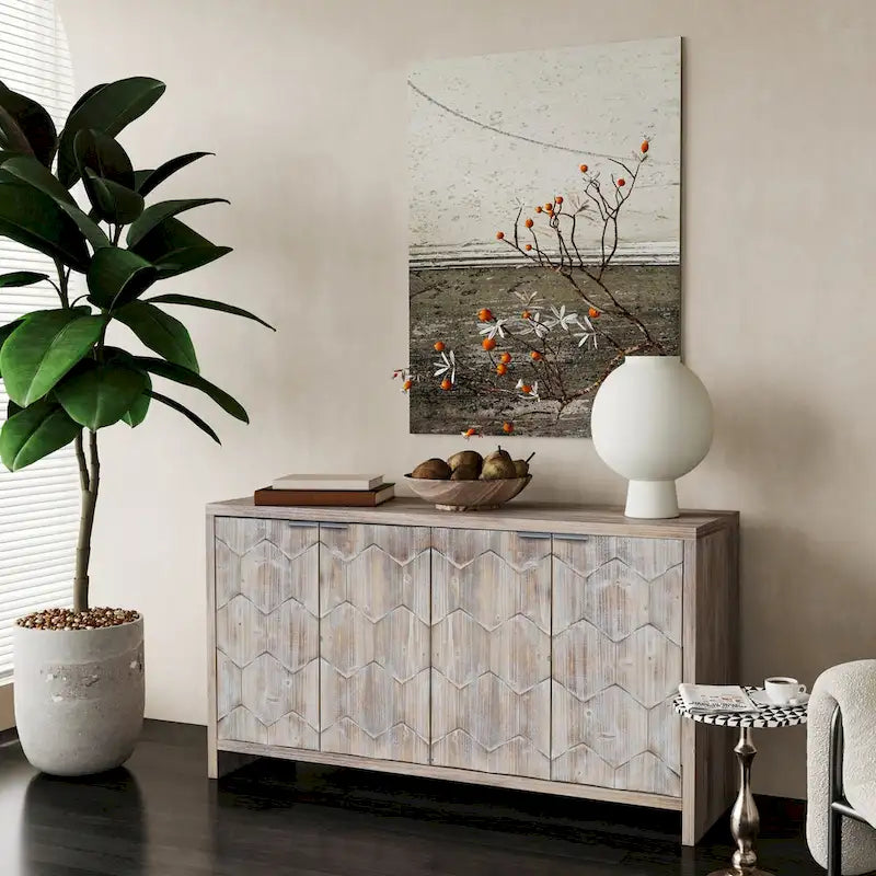 Buffet 4 portes blanc antique / noir avec étagères réglables, montage par 1 personne