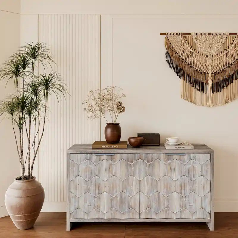 Buffet 4 portes blanc antique / noir avec étagères réglables, montage par 1 personne