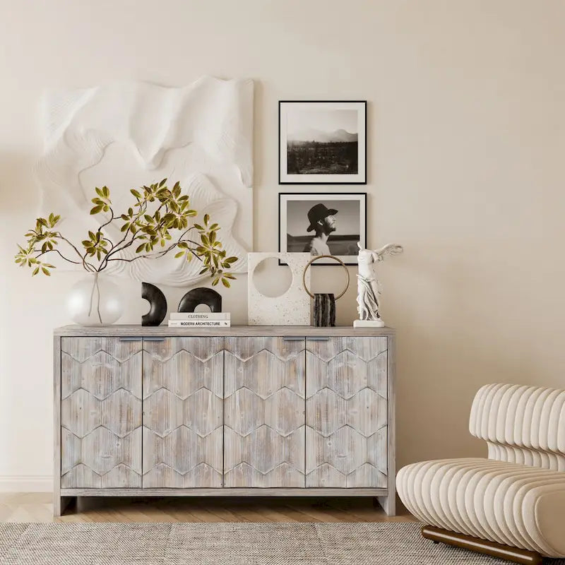 Buffet 4 portes blanc antique / noir avec étagères réglables, montage par 1 personne