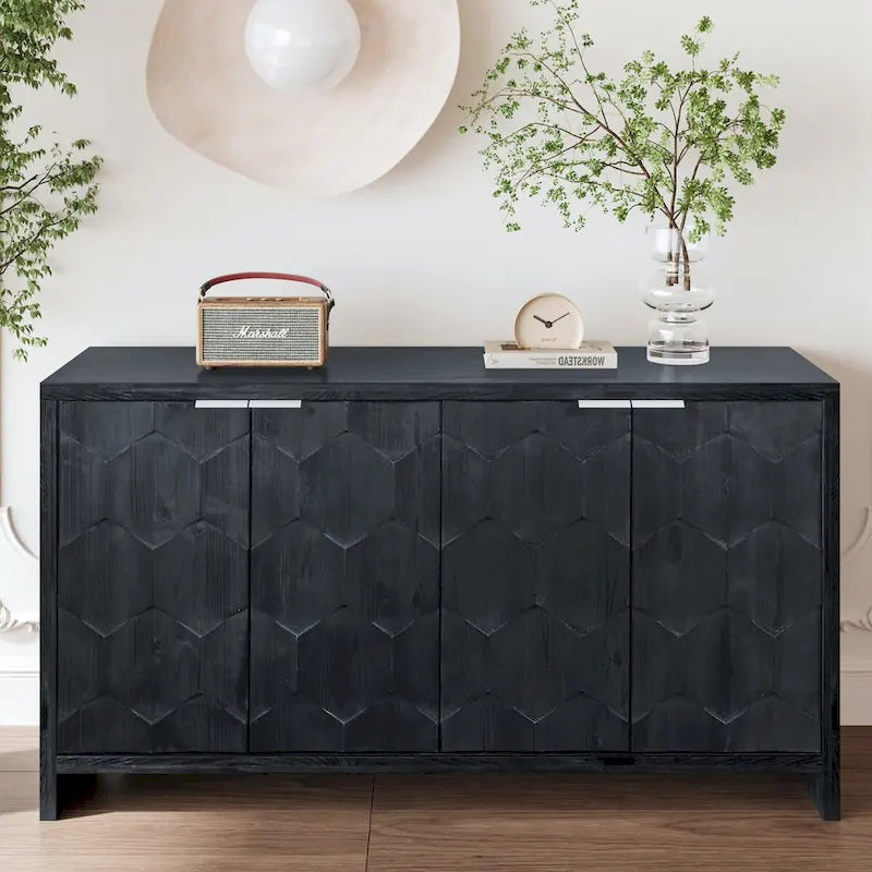 Buffet 4 portes blanc antique / noir avec étagères réglables, montage par 1 personne