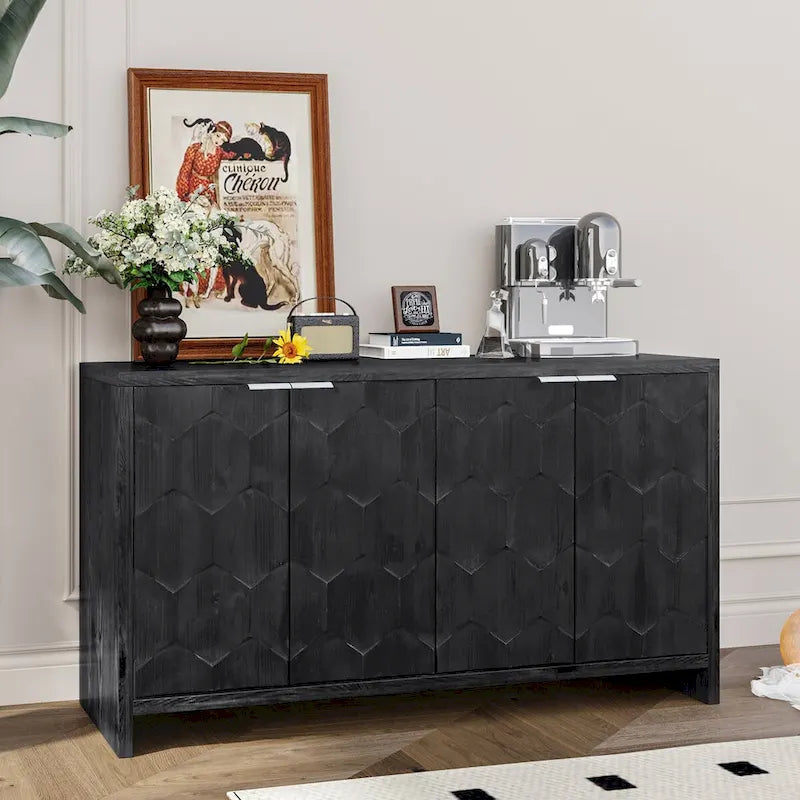 Buffet 4 portes blanc antique / noir avec étagères réglables, montage par 1 personne