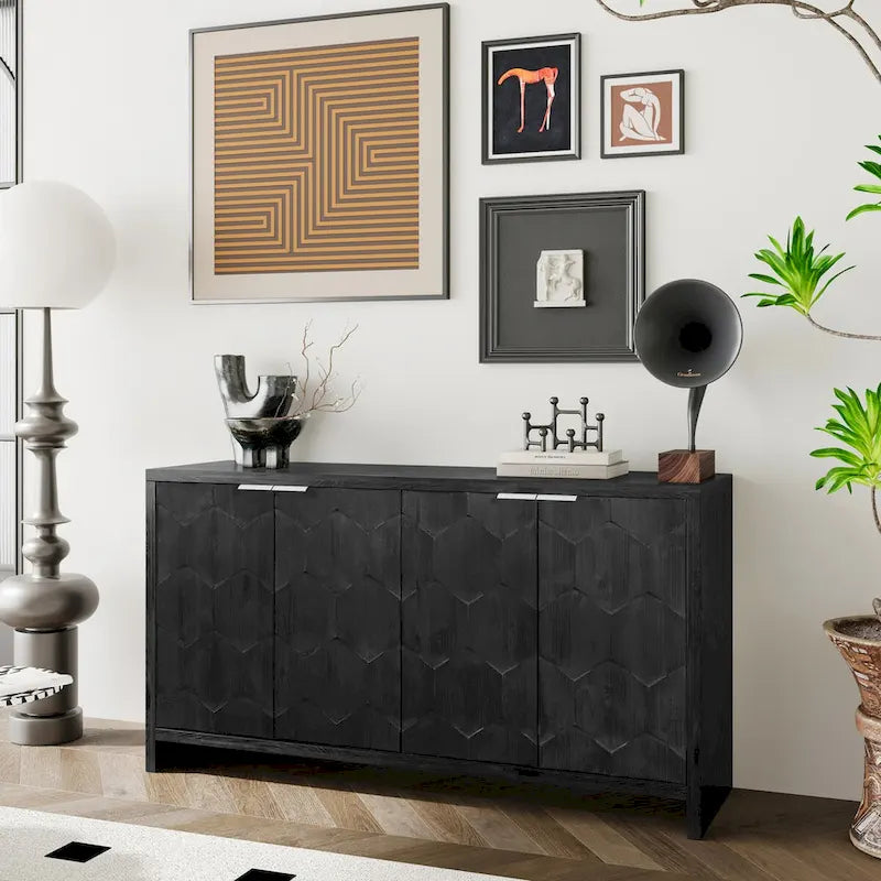 Buffet 4 portes blanc antique / noir avec étagères réglables, montage par 1 personne