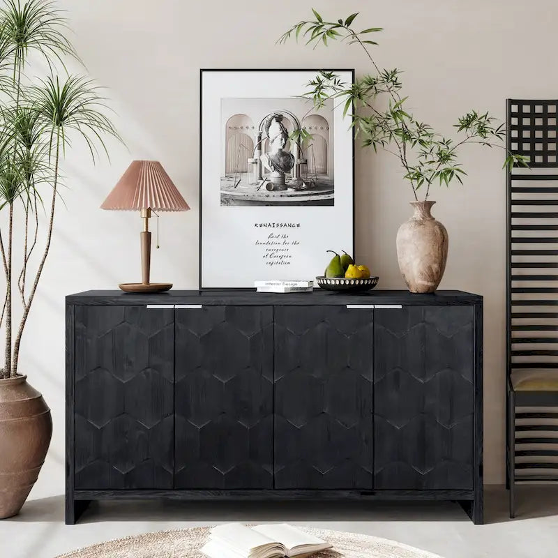 Buffet 4 portes blanc antique / noir avec étagères réglables, montage par 1 personne