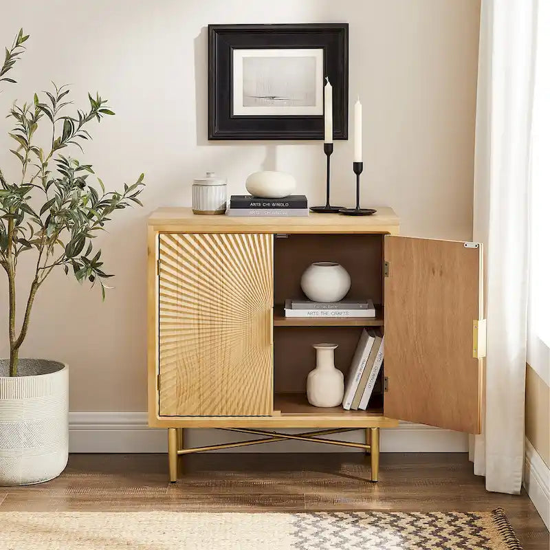 Buffet double porte blanc/naturel, style géométrique moderne