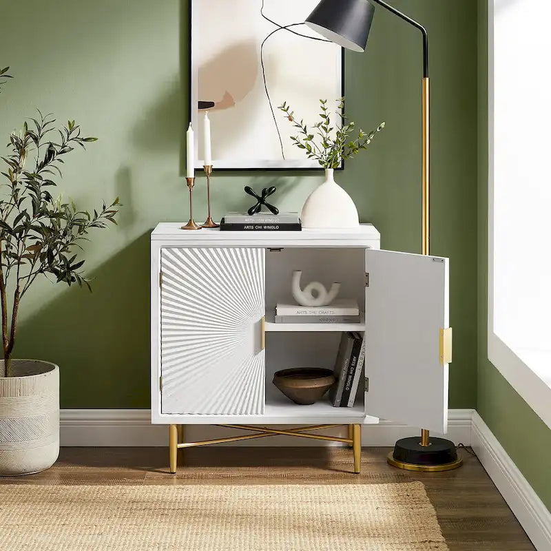 Buffet double porte blanc/naturel, style géométrique moderne