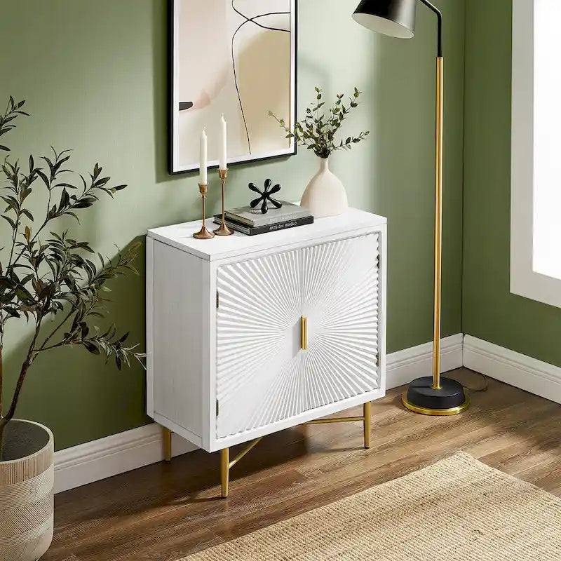 Buffet double porte blanc/naturel, style géométrique moderne
