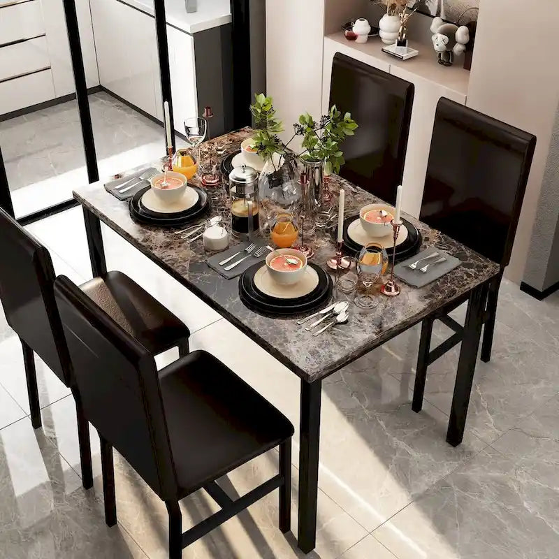 Ensemble de salle à manger 5 pièces en faux marbre blanc/café et expresso, 4 places