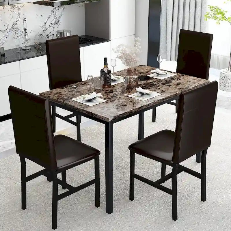 Ensemble de salle à manger 5 pièces en faux marbre blanc/café et expresso, 4 places